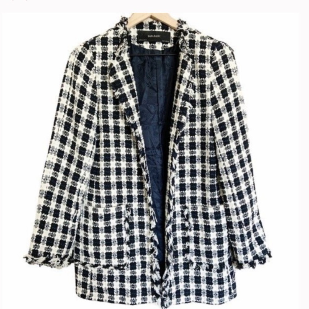 Zara navy + white checked open jacket with frayed edges, patch pockets size M